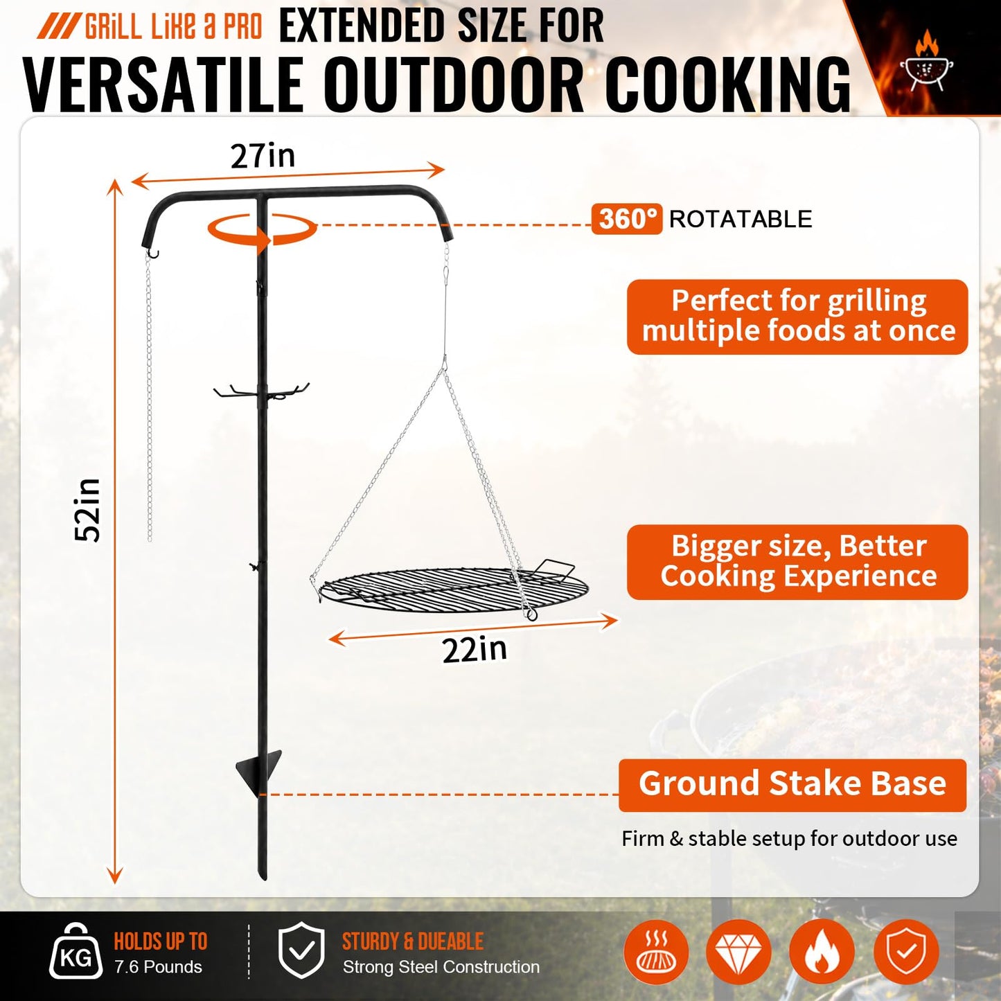 Ferrochef 22" Fire Pit Campfire Grill Grate, 22" Hanging Open Fire Cooking Grill Grate Portable Round Camping Cooking Barbecue Rack Heavy-Duty, Easy Setup & Adjustable Height for Outdoor Camping BBQ