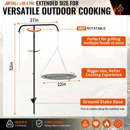 Ferrochef 22" Fire Pit Campfire Grill Grate, 22" Hanging Open Fire Cooking Grill Grate Portable Round Camping Cooking Barbecue Rack Heavy-Duty, Easy Setup & Adjustable Height for Outdoor Camping BBQ