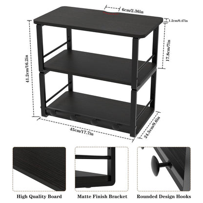 ANYHI Wall Mounted Three-Tier Floating Shelves for Living Room/Bedroom/Kitchen/Bathroom, Wood Floating Shelf with 4 Hooks for Books/Storage/Decor, Bedside Shelves, Black Nightstand