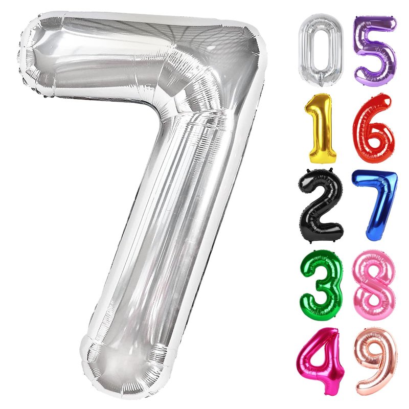Silver Number 7 Balloon 40 Inch, 7th Birthday Party Decorations for Children, Giant 7 Foil Balloon for Party Supplies
