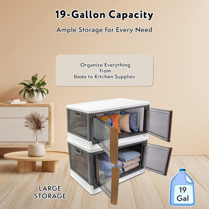 FELICON 19 Gallon 3 Pack Stackable Storage Bins with Lids,Doors,Wheels,Collapsible Organizer Foldable Container,Wardrobe Closet for Bedroom Living Room Neat,Dorm,Organized Homes(White)