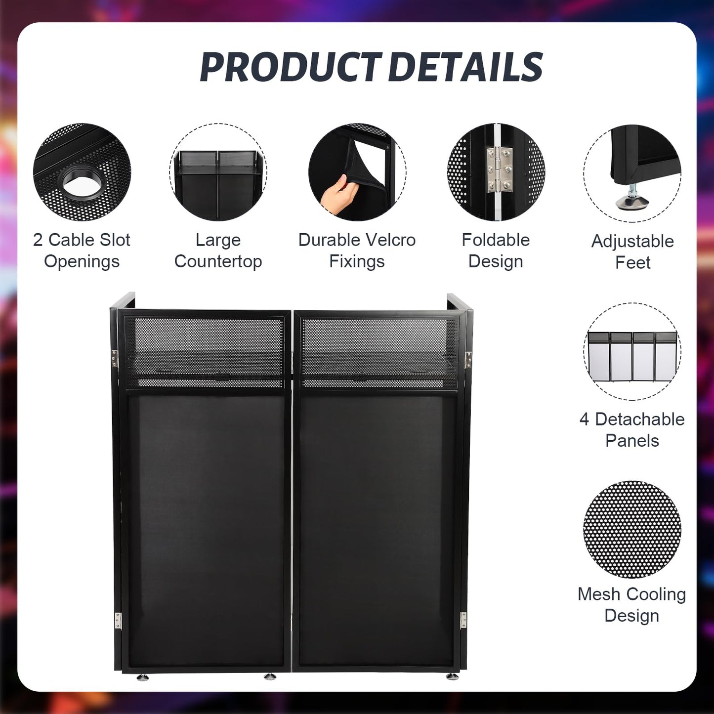Portable DJ Booth Table Station 44"x42.2"x20.6", Foldable Metal Frame DJ Facade with Black & White Scrims, Detachable 40"x20" DJ Table, Adjustable Height, Carry Bag for Show, Party, Wedding, Events