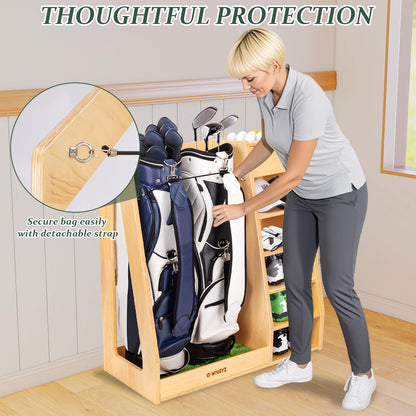 WINGYZ Premium Birch Plywood Golf Bag Storage for 2 Bags | 36lb Rock-Solid Golf Bag Organizer | 7-Shelf Command Center | Artificial Turf 12-Ball Display | No Wall Mounting Required (Natural)