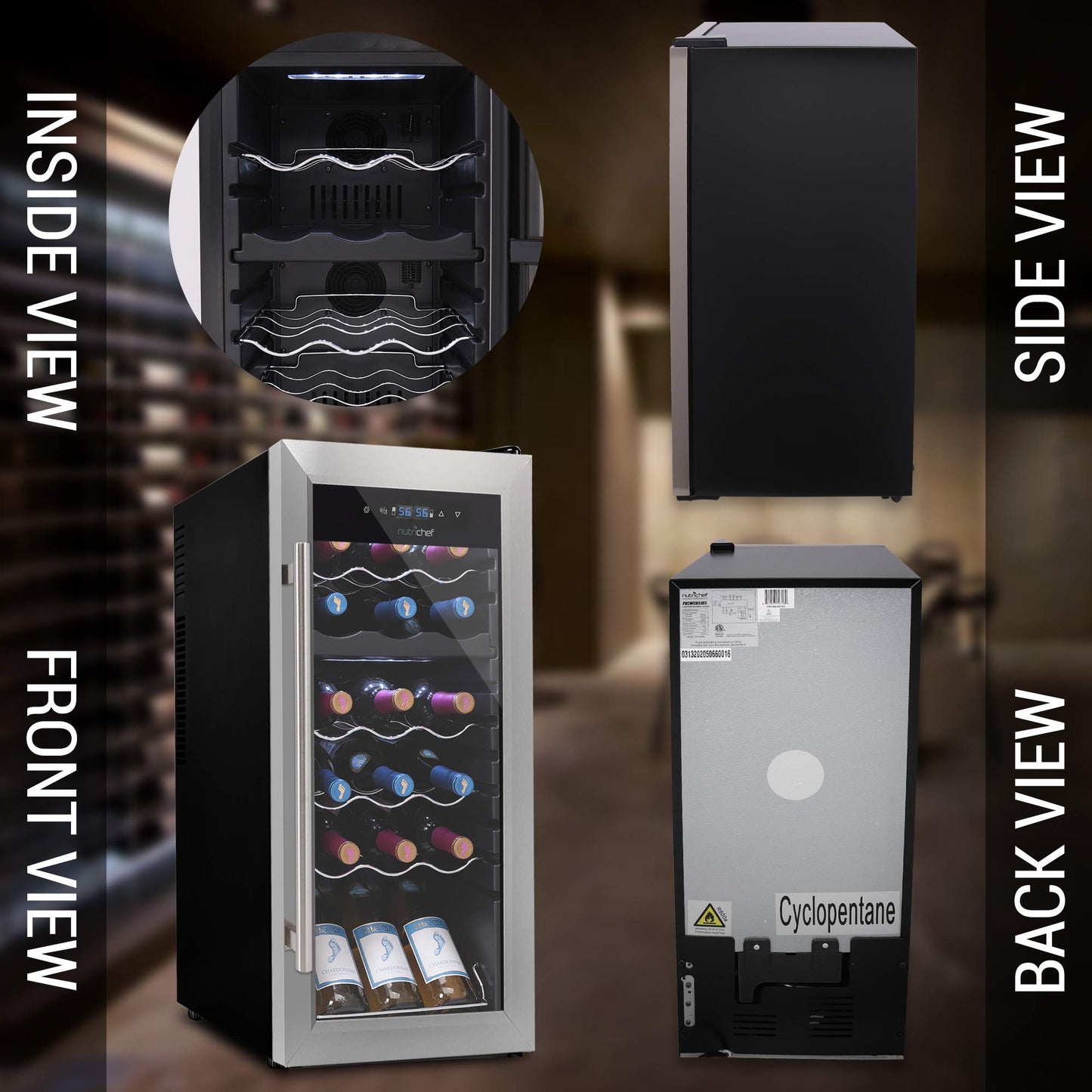 NutriChef 18 Bottle Wine Fridge | Dual Zone Wine Chiller | Adjustable Temperature 41°F to 64°F | Ultra Quiet Operation | Wine Cooler For Home & Office | Free Standing 32x13x19 IN | Black