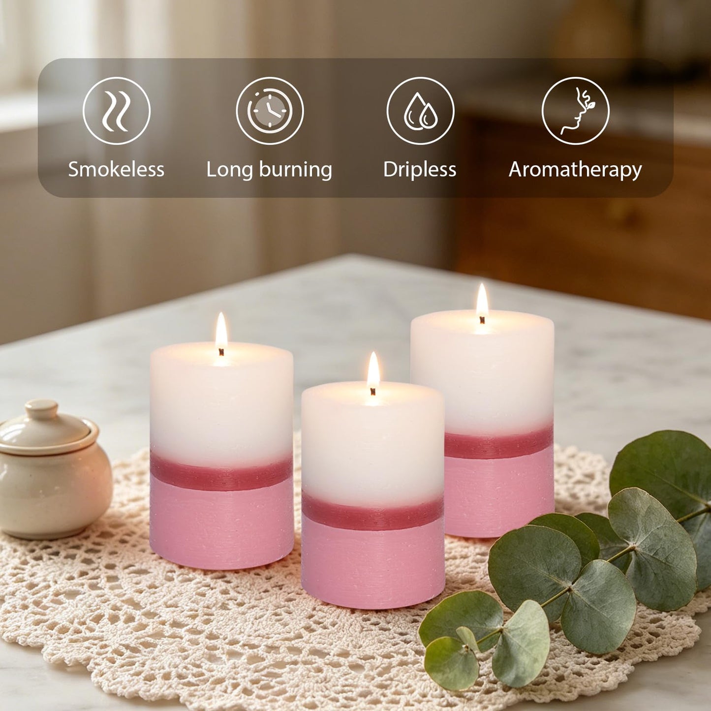 Cafemoon Floral Scented Pillar Candles Set of 3, 3x4 Inch Rustic Rough Texture Handmade Aromatherapy Candles, 35+ Hours Long Lasting Smokeless & Dripless for Home Decor Wedding Birthday Gift