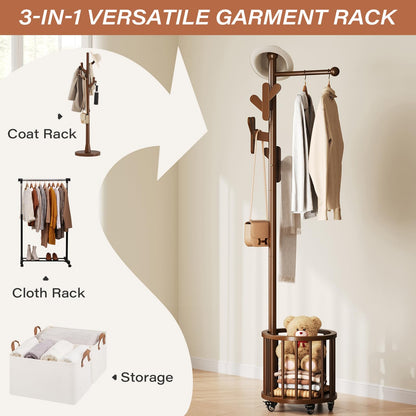 VOOVY Heavy Duty Coat Rack with Wheels & Storage Basket - Solid Rubberwood Standing Hat Rack with 10 Hooks, 4 Casters, Rolling Garment Rack for Bedroom Entryway Living Room, Walnut, Easy Assembly