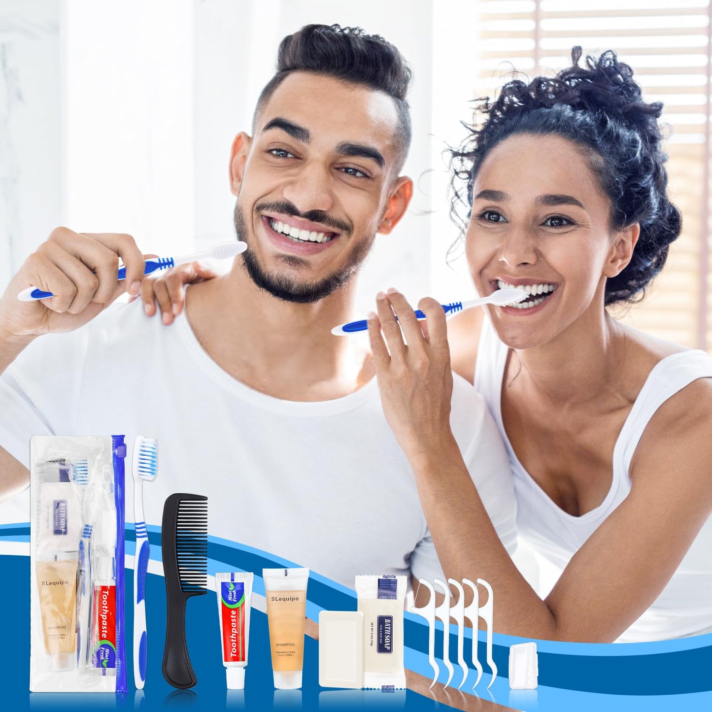 SLequipo Pack of 100 Hygiene Kit, Hygiene Kit Bulk, Individually Packed, Travel Hygiene Kit with Toothbrush, Toothpaste, Comb, Shampoo, Soap and Floss Picks, Home, Suitable for Hotel, Camping, Travel
