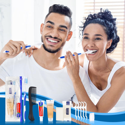 SLequipo Pack of 100 Hygiene Kit, Hygiene Kit Bulk, Individually Packed, Travel Hygiene Kit with Toothbrush, Toothpaste, Comb, Shampoo, Soap and Floss Picks, Home, Suitable for Hotel, Camping, Travel