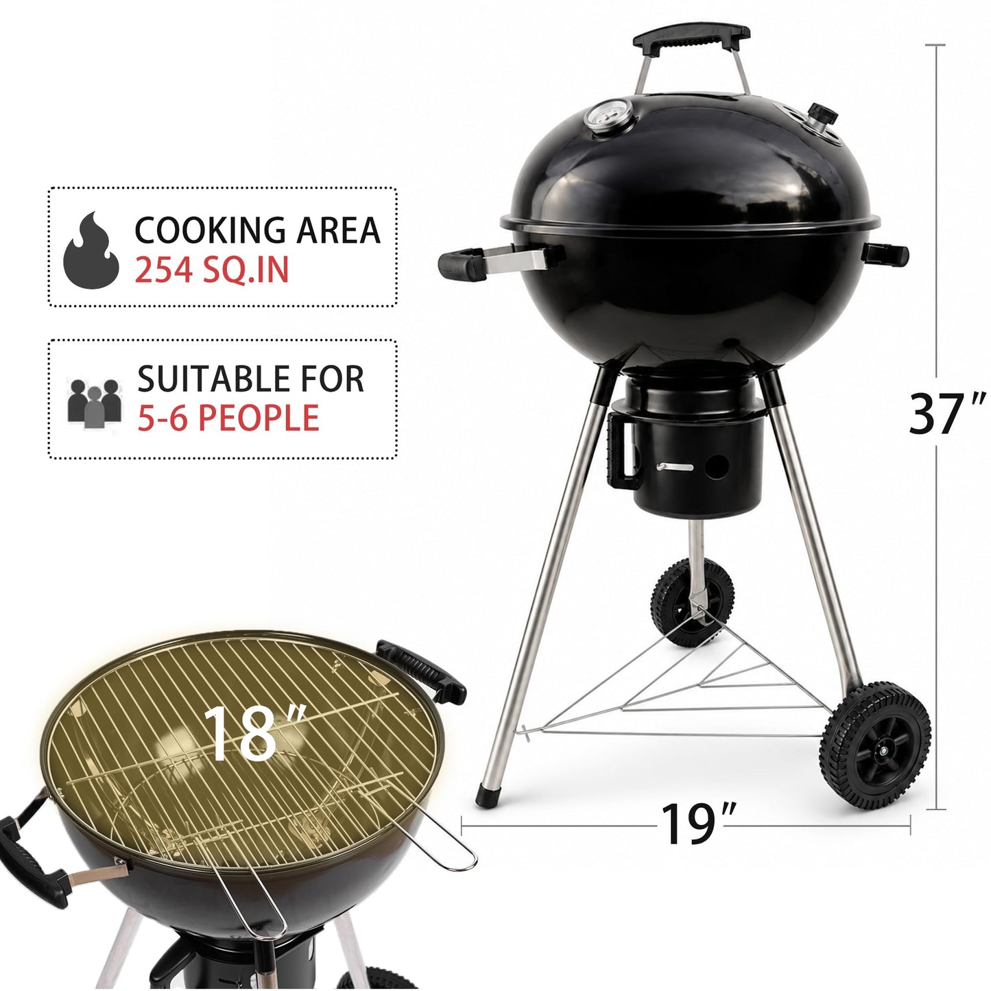18-Inch Kettle Charcoal Grill with Cover & Wheels, Beginner-Friendly BBQ Grill for Backyard, Patio & Family Cookouts, Easy-to-Use Outdoor Charcoal Grill with Ash Catcher