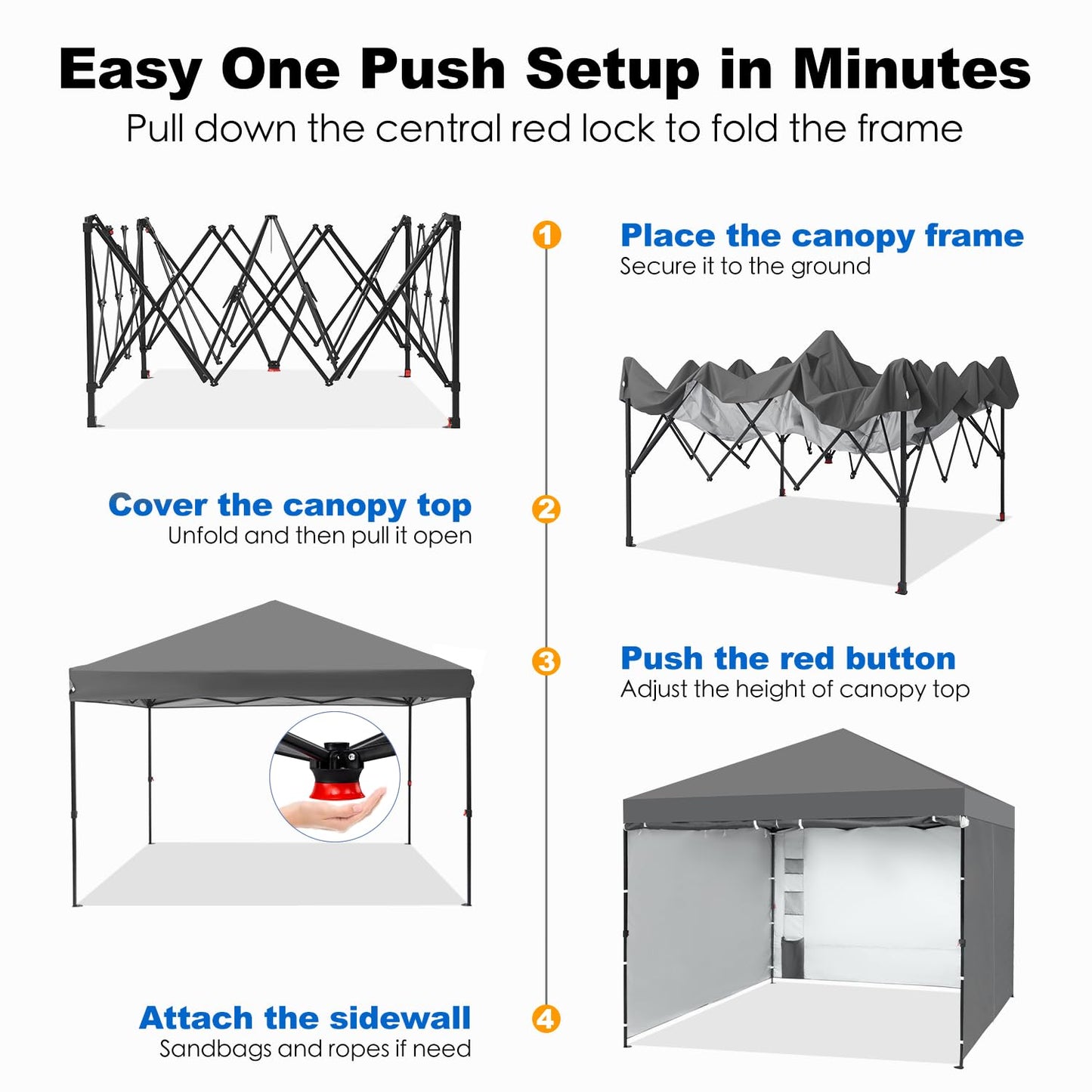 GAFETE 10X10 Comercial Instant Pop Up Canopy Tent with 4 Sidewalls, One Push Setup Center Lock, Portable Sun Shade Shelter for Beach Patio Outdoor Events, Case, 8 Stakes, 4 Ropes, 4 Sandbags (Gray)