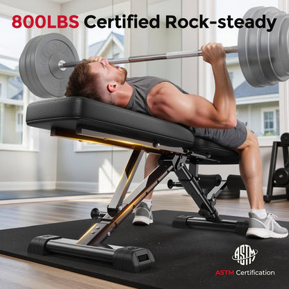 FLYBIRD WB5 Weight Bench, ASTM-Certified 800LBS Adjustable Weight Bench Workout Bench Foldable for Home Gym, 90° to -30° FID and 30in Extended Backrest for Bench Press Strength Training Exercise
