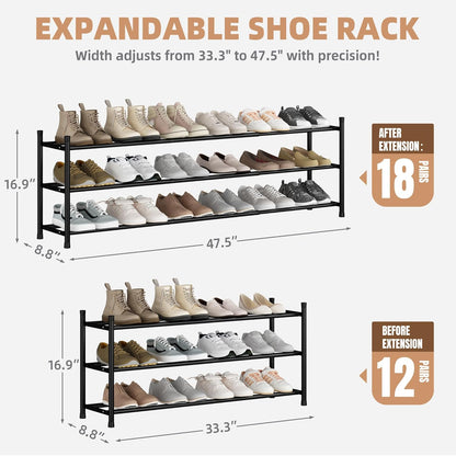 Storage Maniac Expandable Shoe Rack - Adjustable 3-Tier Metal Organizer for 18 Pairs | Perfect for Closet & Entryway