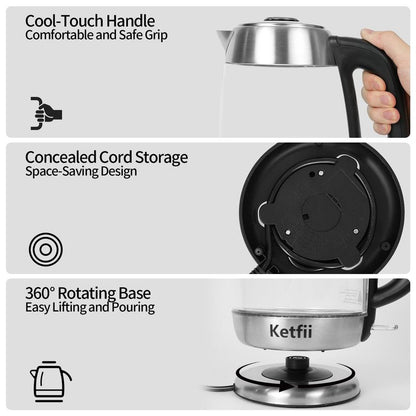 Electric Glass Kettle 1.8L, 1200W Fast Boil for Tea & Coffee, Auto Shut-Off & Boil-Dry Protection, BPA-Free, 304 Stainless Steel & Borosilicate Glass, Removable Lid for Easy Cleaning