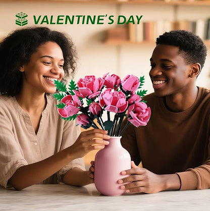 Pink Rose Flower Building Set-10pcs Roses &amp 2pcs Leaves Botanical Collection Artificial Flowers for Home Décor Rose Bouquet Building Kit for Valentine’s Day Christmas Birthday Anniversary (No Va
