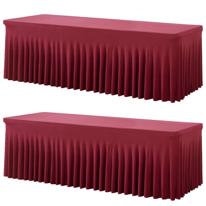 2 Pack Burgundy Spandex Table Clothes for 8 Foot Rectangle Tables, Wrinkle Free Fitted Table Cover 8ft Maroon Stretch Tablecloths with Skirt for Parties Weddings Birthday Banquet Baby Shower