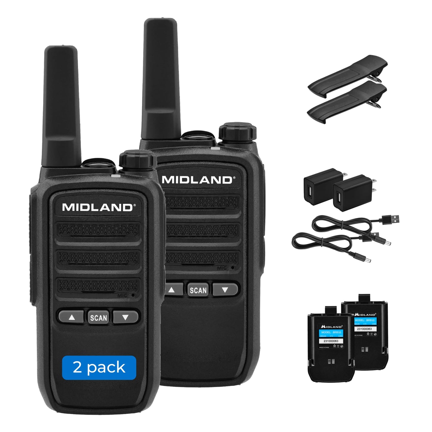 Midland BR10 Heavy-Duty Business Walkie Talkies – 2-Watt Long Range Two-Way Radios, FRS License-Free, Rechargeable Battery, Portable Handhelds for Job Sites & Manufacturing (2-Pack)