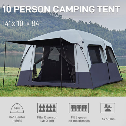 EVER ADVANCED 10 Person Camping Blackout Design Tent, Multi Room Tent for Family, Large Tents with Rainfly and Carry Bag, 2 Doors, Water-Resistant, 14ft x 10ft x 84in