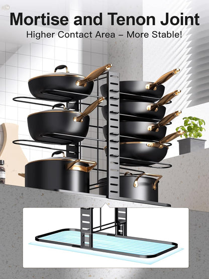 MUDEELA Pots and Pans Organizer Rack under Cabinet 14.55in Height, 8-Tier Kitchen Cabinet Organizers and Storage, Light-Duty Adjustable Pot Racks, Pan Organizers inside Cabinet with 3 DIY Methods