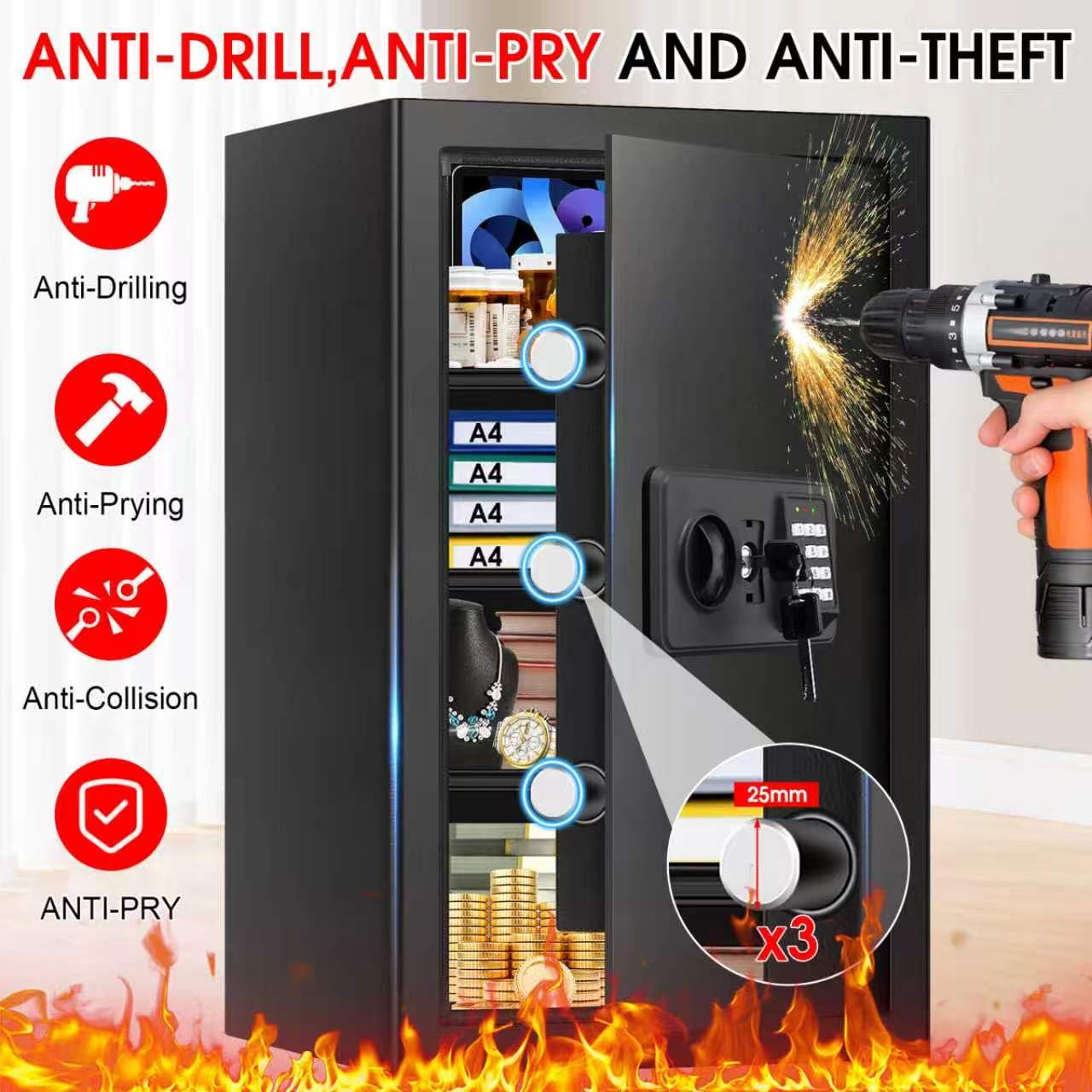 5.1 Cuft Large Home Safes Water and Fireproof with Digital Keypad & Key Lock, Fire Security Safes with 3 Removable Shelves, Anti-Pry Safe Box for Money Documents Jewelry, 23.62"H x14.96"W x 12.2"D