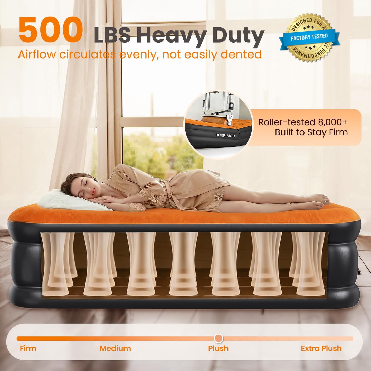 CHERIMOR Twin XL Air Mattress with Built-in Pump, 80" Extra Long, Reinforced Support Design, Stable & Durable, 500 lbs Capacity, 2-Min Fast Inflation, Portable Blow Up Bed for Home Guests & Travel