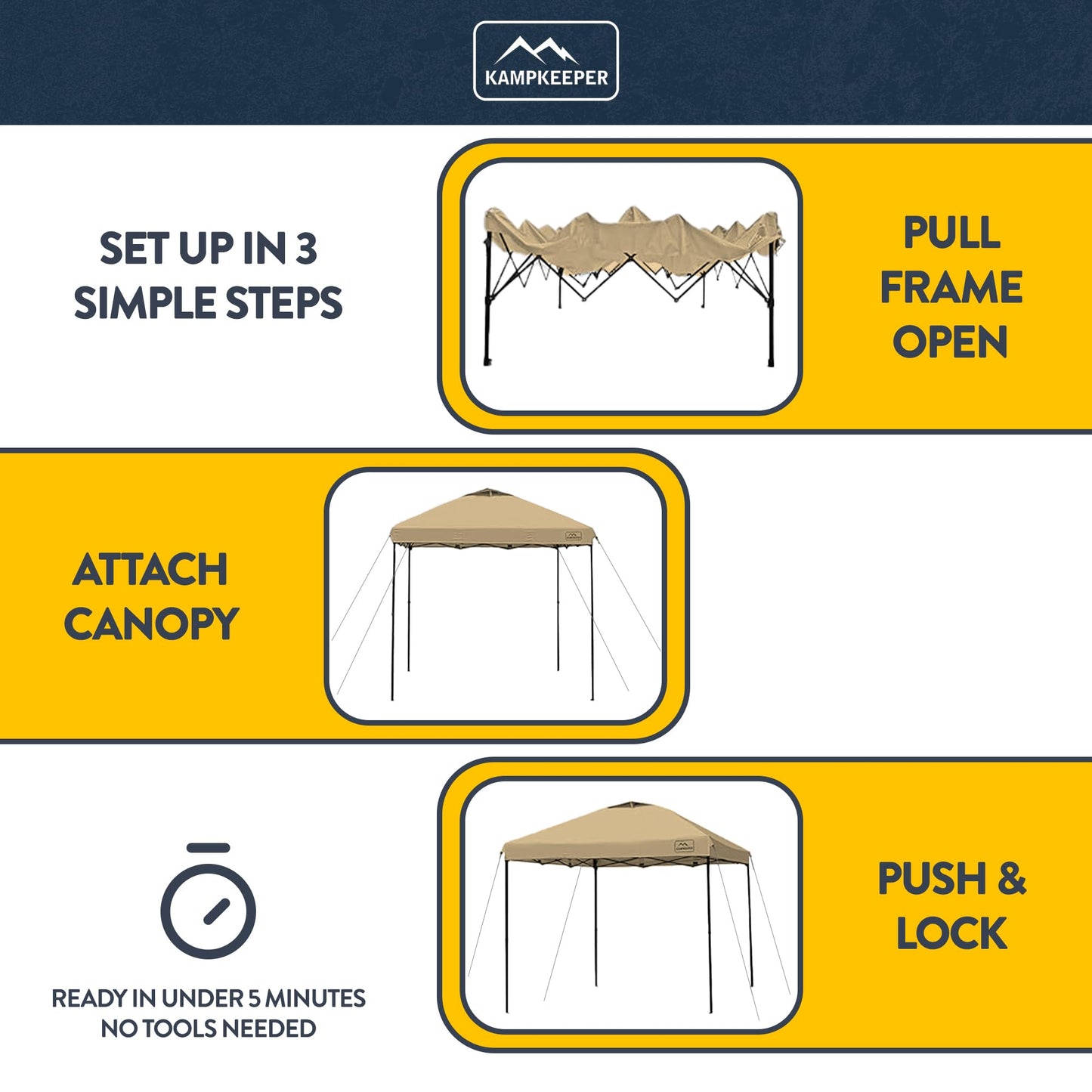 KAMPKEEPER 10x10 Pop-Up Canopy Tent, Waterproof, Portable Shade with Side Walls, Adjustable Instant Outdoor Shelter for Camping, Backyard, and Events, Khaki