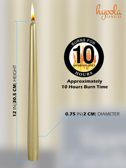 Hyoola Tall Metallic Cream Gold Taper Candles - 12 Inch - Dripless - 12 Pack - 10 Hour Burn Time