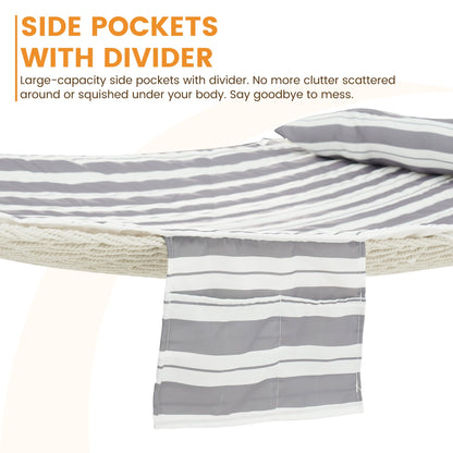 Lazy Daze Hammocks Rope Hammock with Pad, Spreader Bar, Carabiners, Tree Straps, Chains for Outside Patio- Max 450 Lbs, Light Grey Stripes