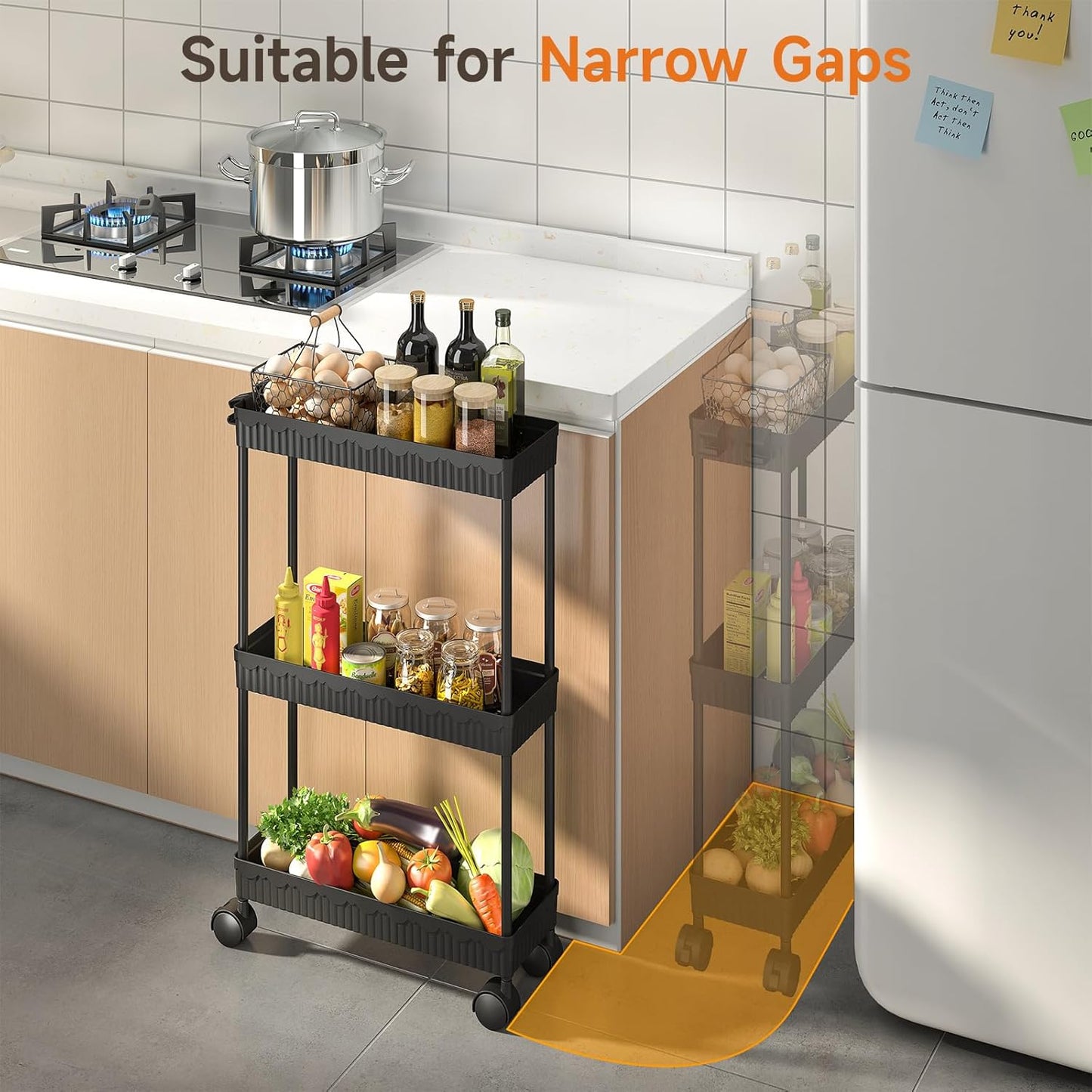 Sevenblue Slim Rolling Storage Cart - 3 Tier Utility Organizer with Wheels for Kitchen & Bathroom (Black)
