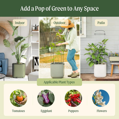 Vego garden Planters for Outdoor & Indoor Plants, Large Plant Pots with Self Watering, 15" Tall Large Plant Pots with Trellis for Flowers Plants Decor, Cream White
