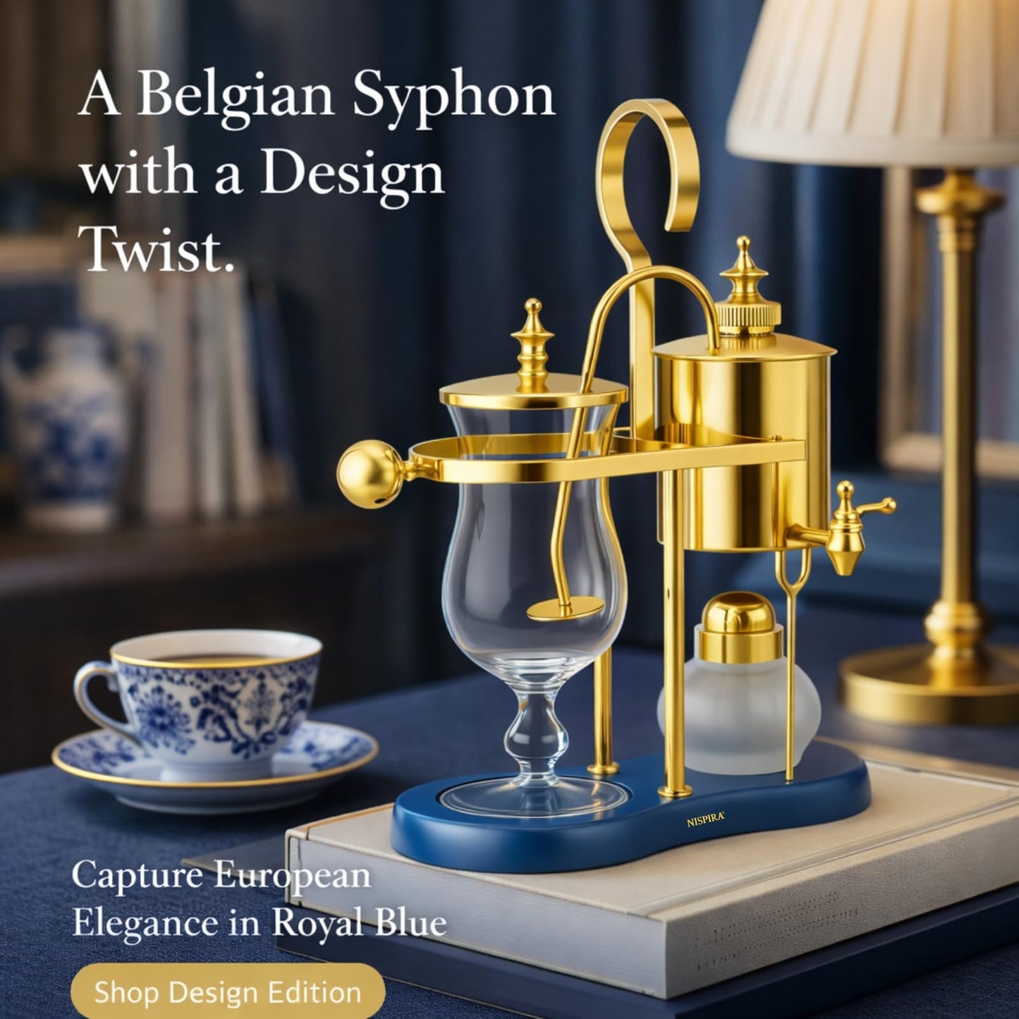 Nispira Belgian Balance Syphon Vacuum Coffee Maker, 500ml Vintage Gravity Brewing System, Gold & Peacock Blue Finish, Manual Tabletop Coffee Brewer