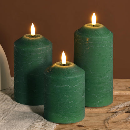 Girimax Green Christmas Flameless Pillar Candles with Remote, LED Wax Candles Battery Powered Flickering Set of 3