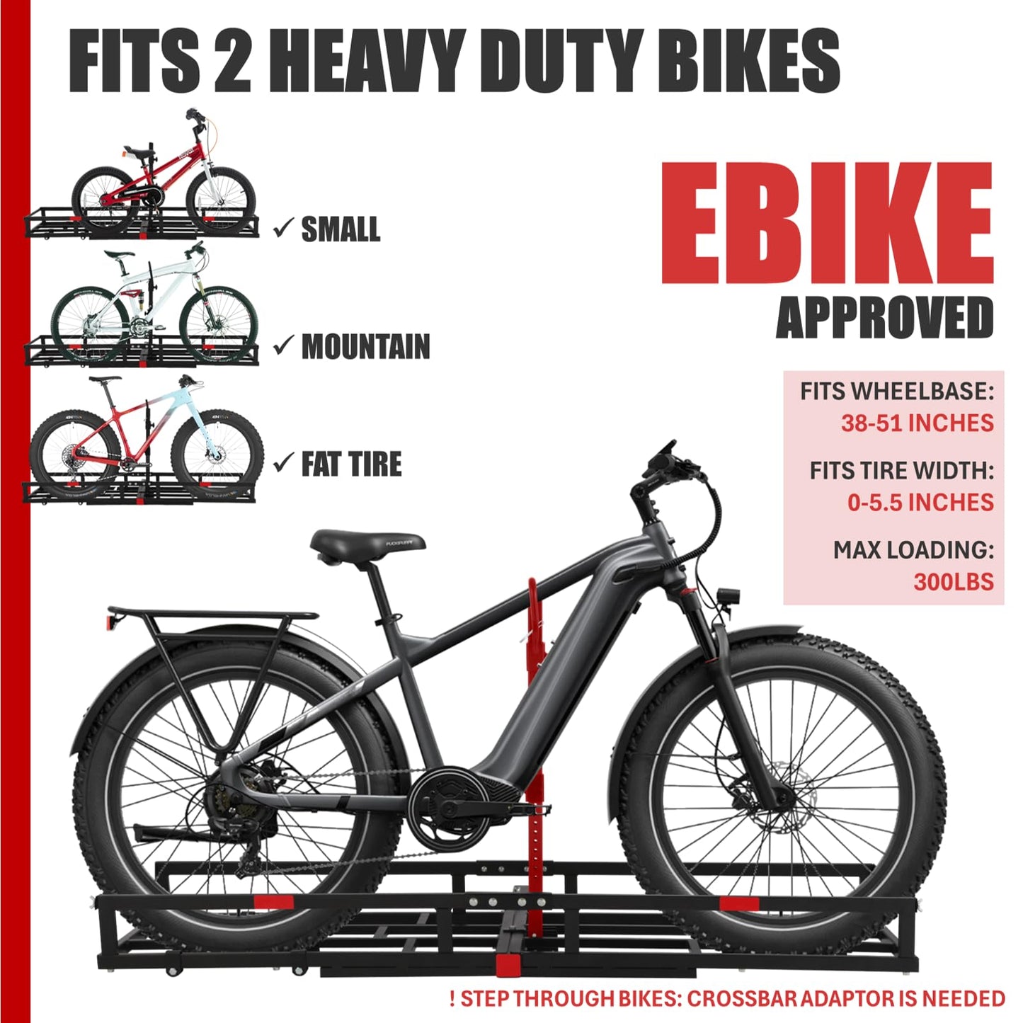 Hitch-Mount Bike Rack for Ebike Heavy-Duty - Fits 2 Electric Fat-Tire Mountain Bicycles Fits 2" Receiver for Car SUV Truck RV Minivan (Red, Comes with Cargo Carrier)