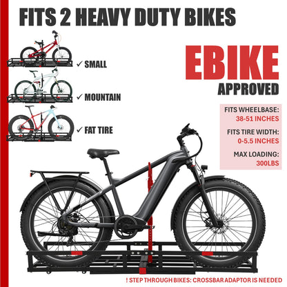 Hitch-Mount Bike Rack for Ebike Heavy-Duty - Fits 2 Electric Fat-Tire Mountain Bicycles Fits 2" Receiver for Car SUV Truck RV Minivan (Red, Comes with Cargo Carrier)