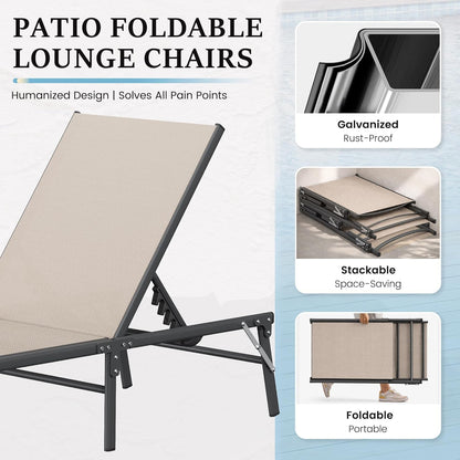 UDPATIO 3pcs Patio Lounge Chair Sets with Side Table Foldable Outdoor Chaise Lounge No Assembly