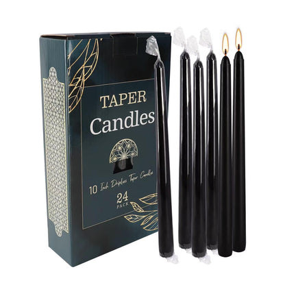 YOROXRG 24 Pack Black Taper Candles, 7-8 Hours Burn Time, Unscented, Smokeless and Dripless, 0.75 x 10 Inch Dinner Candle Set for Halloween, Household, Wedding, Party and Home Décor Candlesticks
