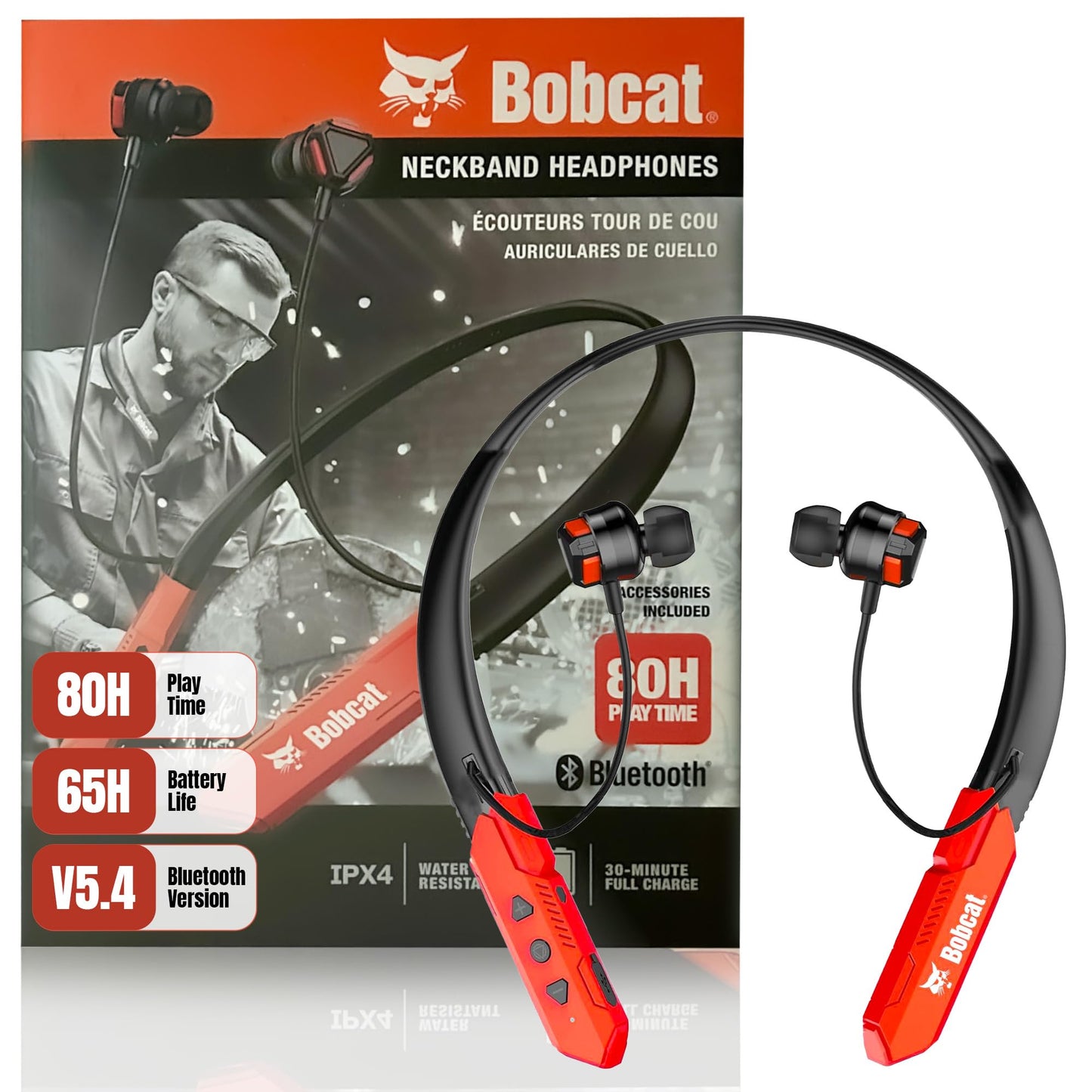 CJ TECH Bobcat Neckband Bluetooth Headphones - Earphones with Microphone, 80H Battery, Fast Charging - IPX4 Sweatproof Sports Headphones for Running, Jobsite, Gym, and Workout