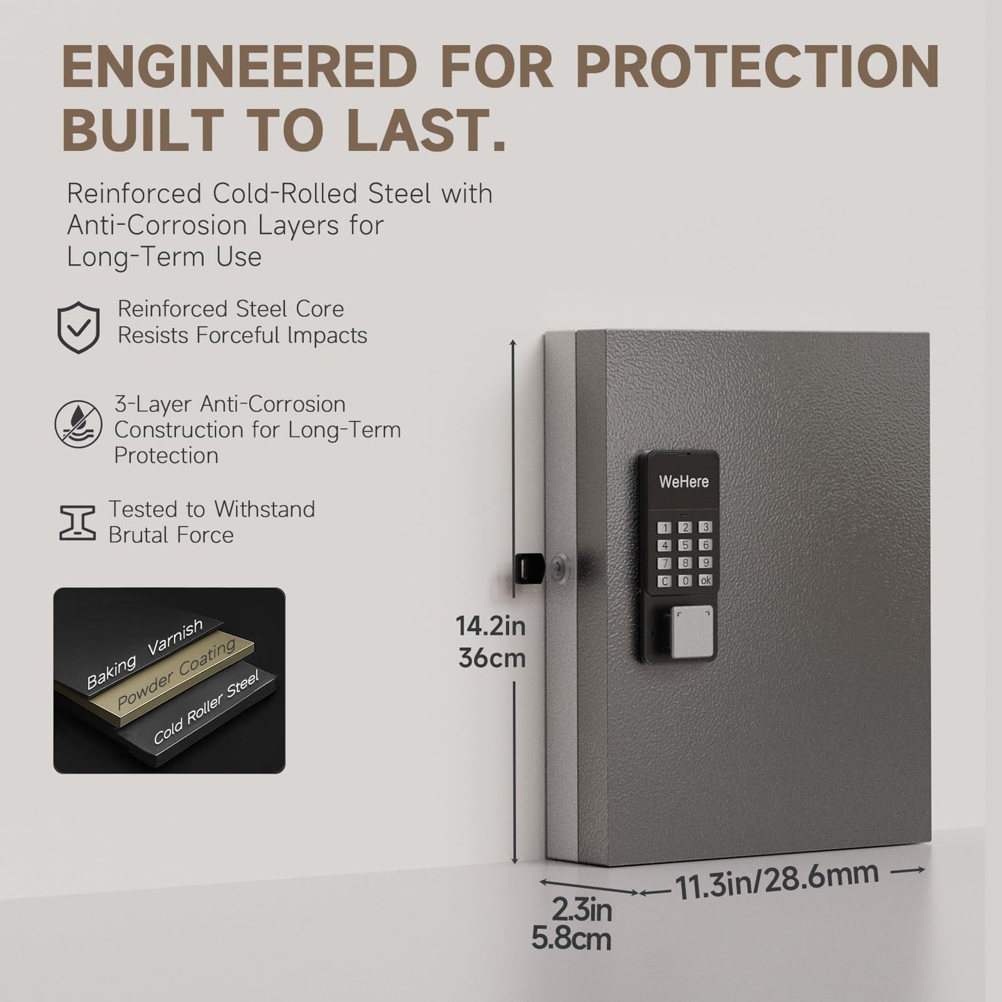 WeHere 32-Key Smart Key Lock Box Wall Mount – Commercial Key Cabinet with App, Bluetooth & WiFi Unlock (Sold Separately), Access Log Tracking, Key Management System for Rental, Office, Property