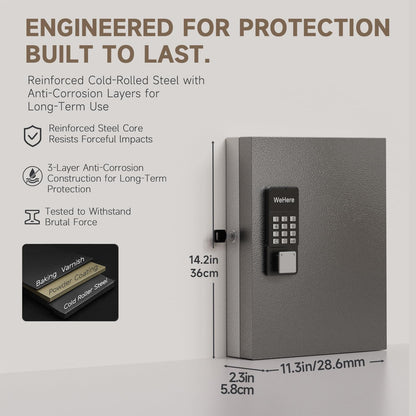 WeHere 32-Key Smart Key Lock Box Wall Mount – Commercial Key Cabinet with App, Bluetooth & WiFi Unlock (Sold Separately), Access Log Tracking, Key Management System for Rental, Office, Property