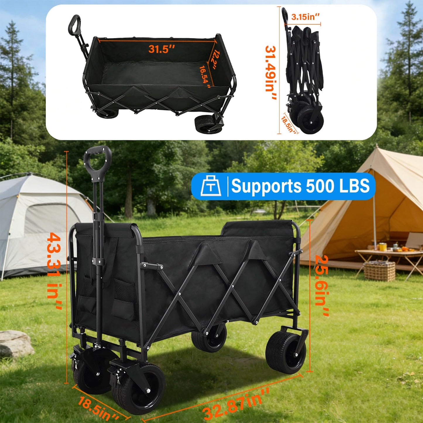 Tule Tuowu Heavy Duty Collapsible Wagon Cart, Foldable Camping Wagon with 110 cm Adjustable Handle, Big All-Terrain Wheels & Cup Holders, for Men, Heavy Hauling, Supermarket, Camping