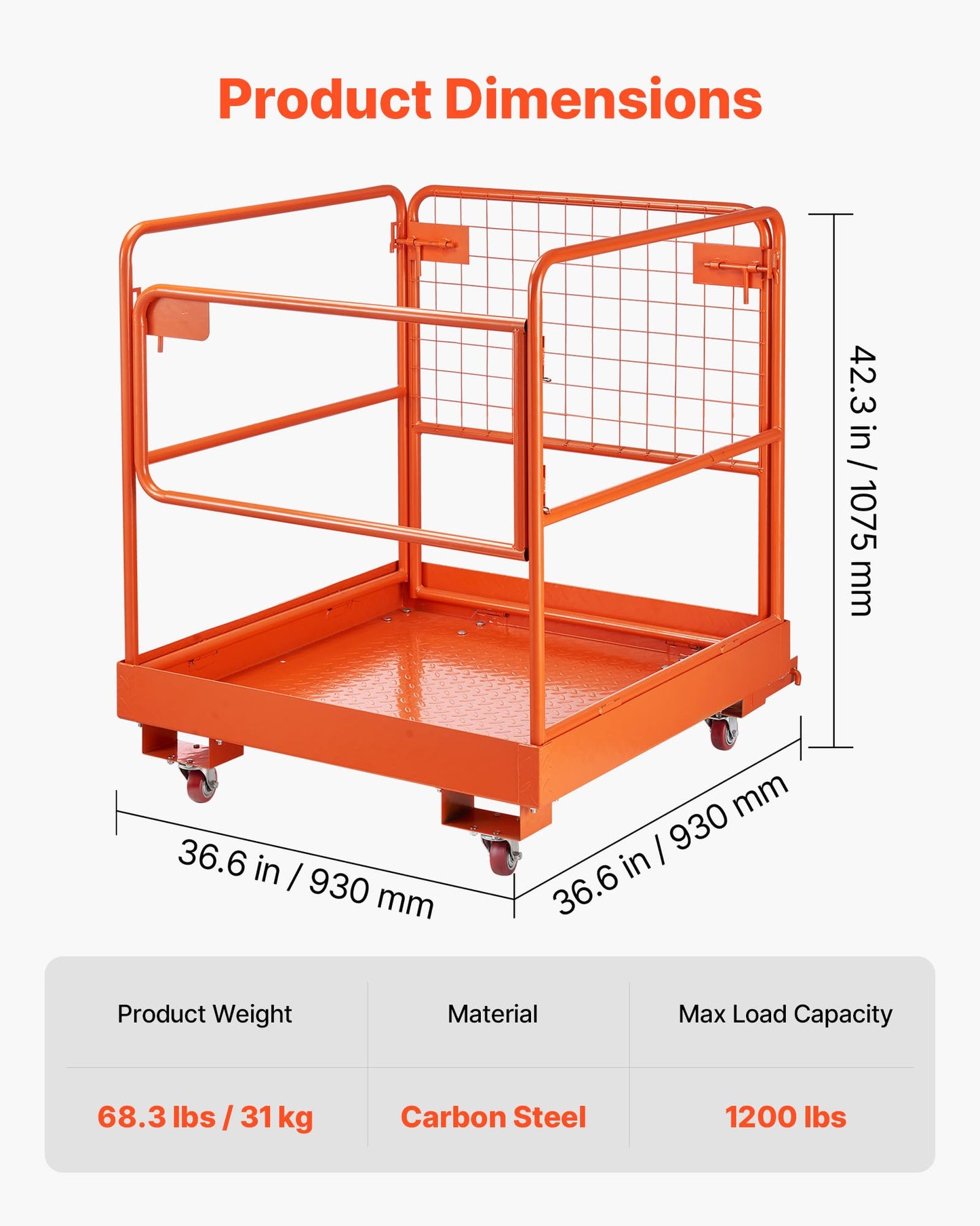 VEVOR Forklift Man Basket, 36.6 x 36.6 Inch Forklift Safety Cage with 4 Wheels, 1200 lbs Capacity Heavy Duty Work Platform, Collapsible Lift Basket Safety Set, for Most Aerial Jobs Lifting Loader