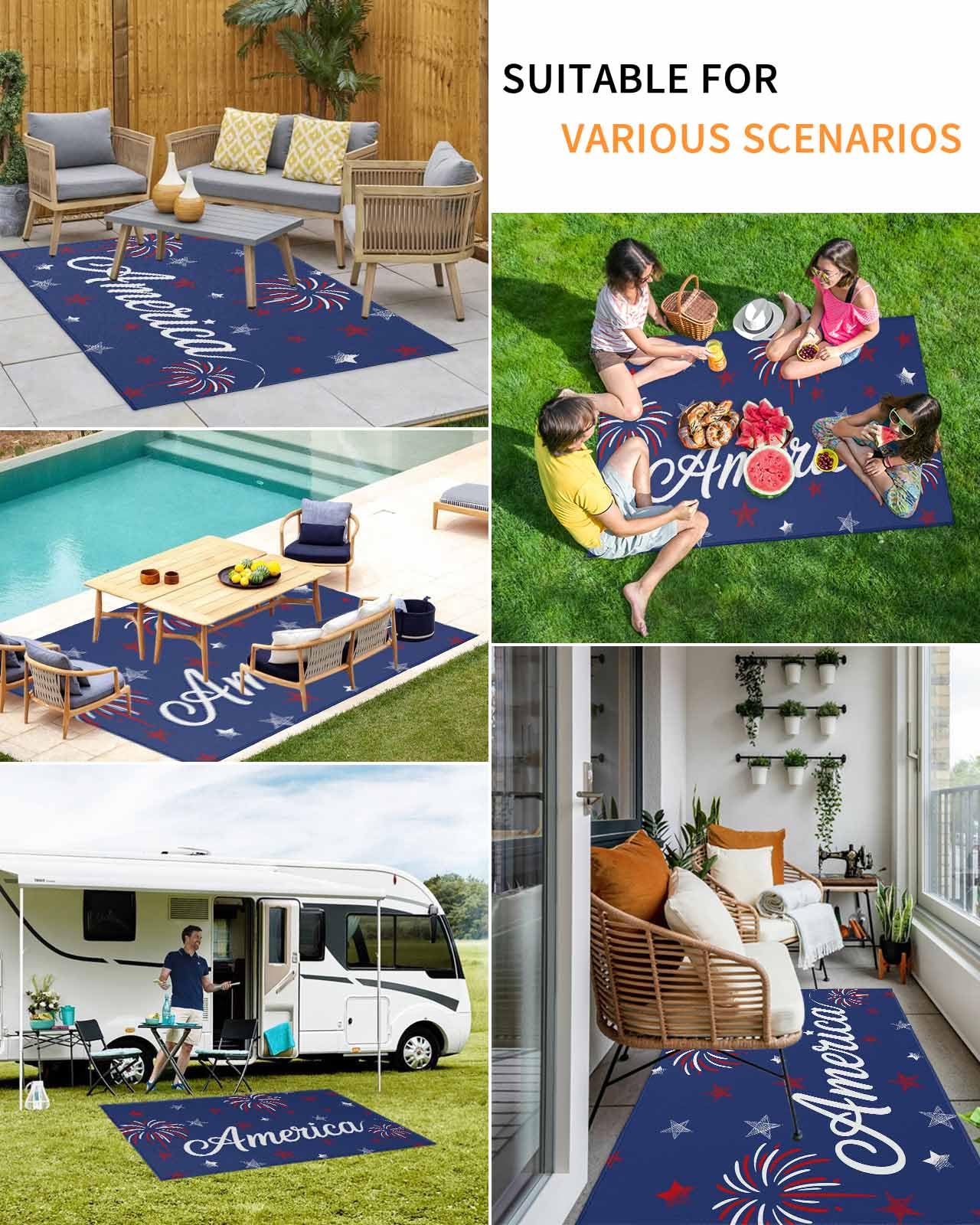 4th of July Outdoor Rug 5x8 ft American Flag Outdoor Large Area Rug Non Slip Patriotic Stars Red Blue Fireworks Front Door Mat RV Camping Carpet Patio Outdoor Rugs for Backyard Balcony Indoor
