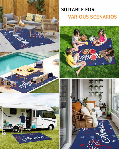 4th of July Outdoor Rug 5x8 ft American Flag Outdoor Large Area Rug Non Slip Patriotic Stars Red Blue Fireworks Front Door Mat RV Camping Carpet Patio Outdoor Rugs for Backyard Balcony Indoor