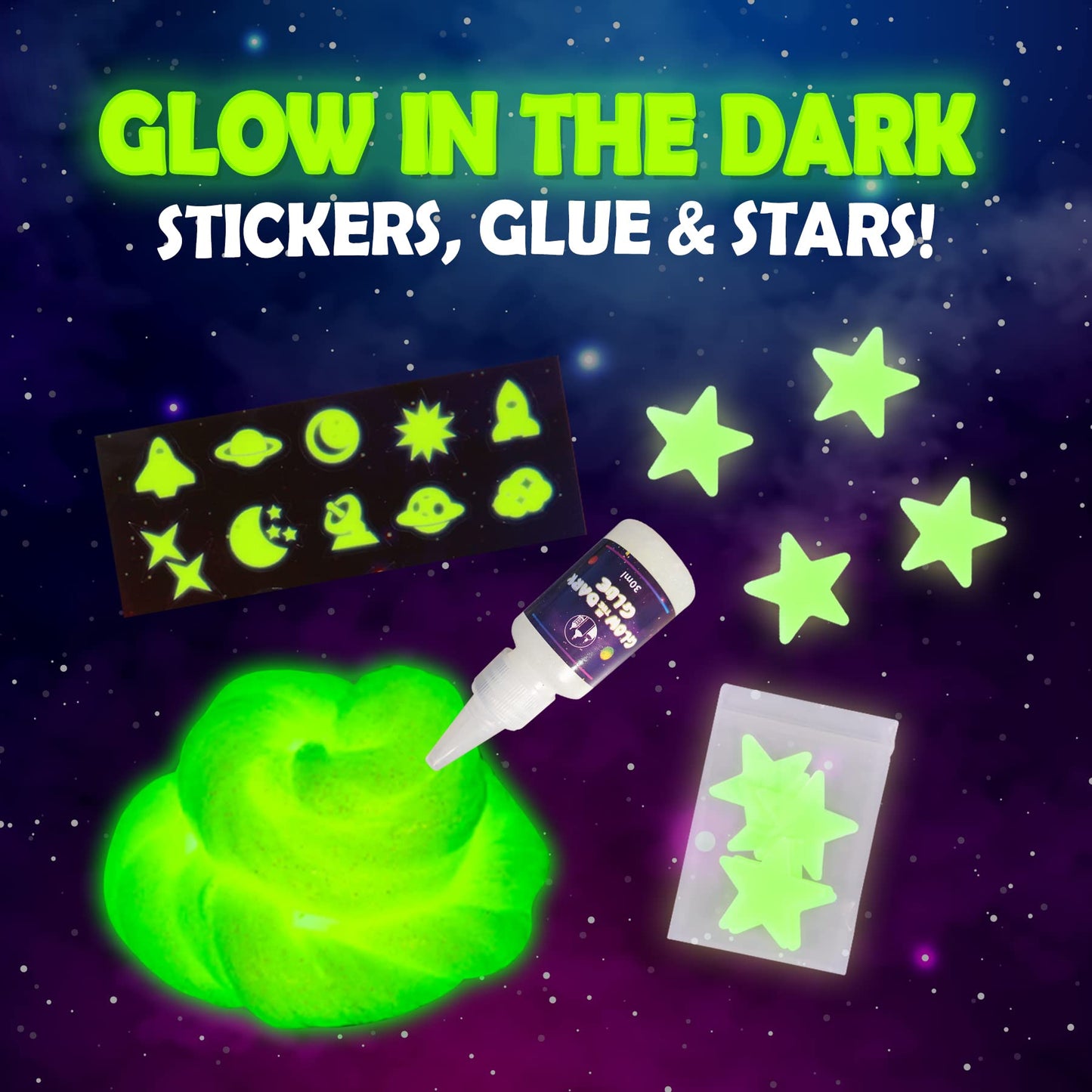 Original Stationery Galaxy Slime Kit - Box, Space Theme - Make Your Own Slime Kit with Glow-in-The-Dark Stars & Glitter Powders for Girls, Ages 8-12
