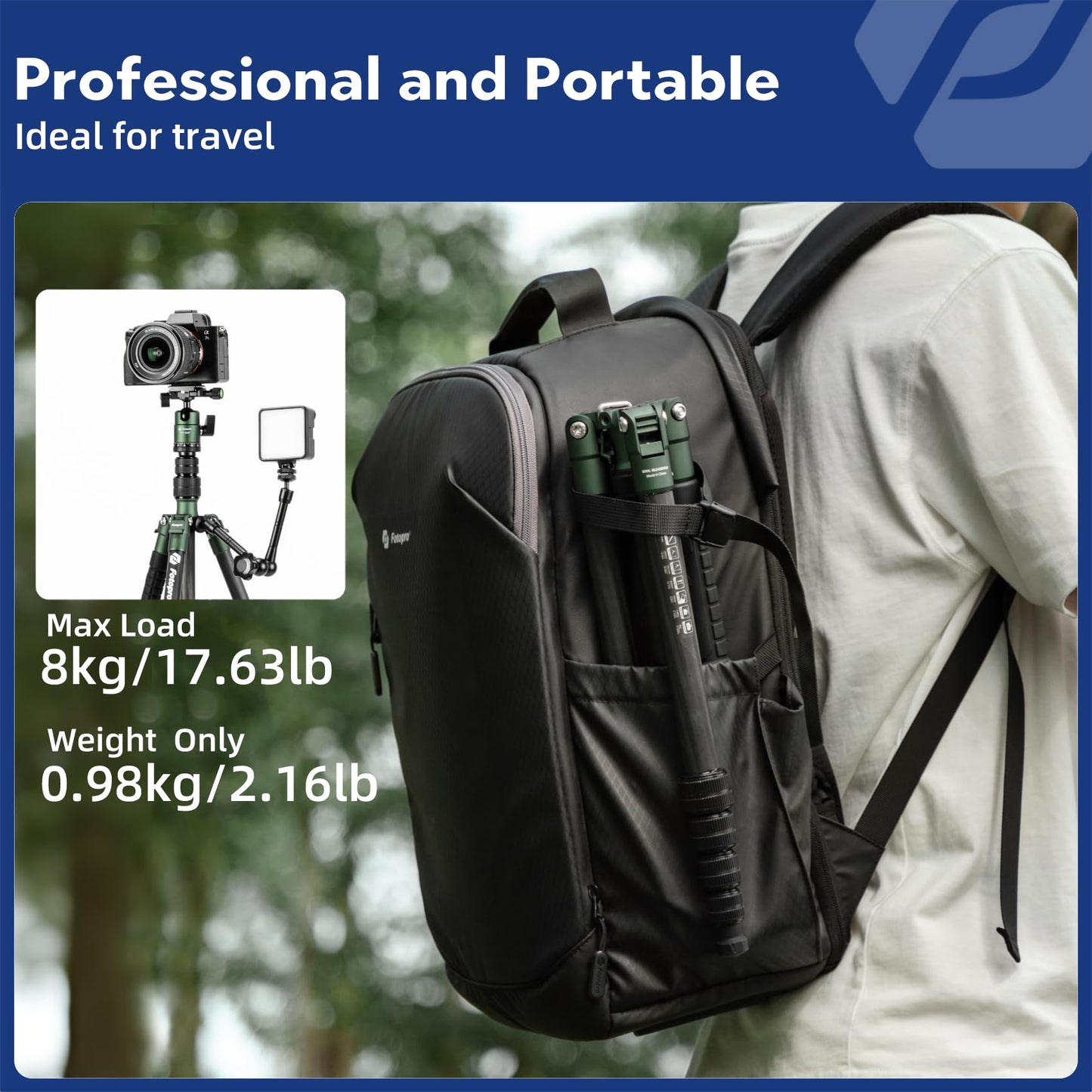 Fotopro 62" Carbon Fiber Travel Tripod, Lightweight Compact Camera Tripod with 360 Degree Ball Head, Detachable Monopod with Arca-Swiss QR Plate and Bag, Load up to 8KG/17.63lbs, Weighs only 2lb