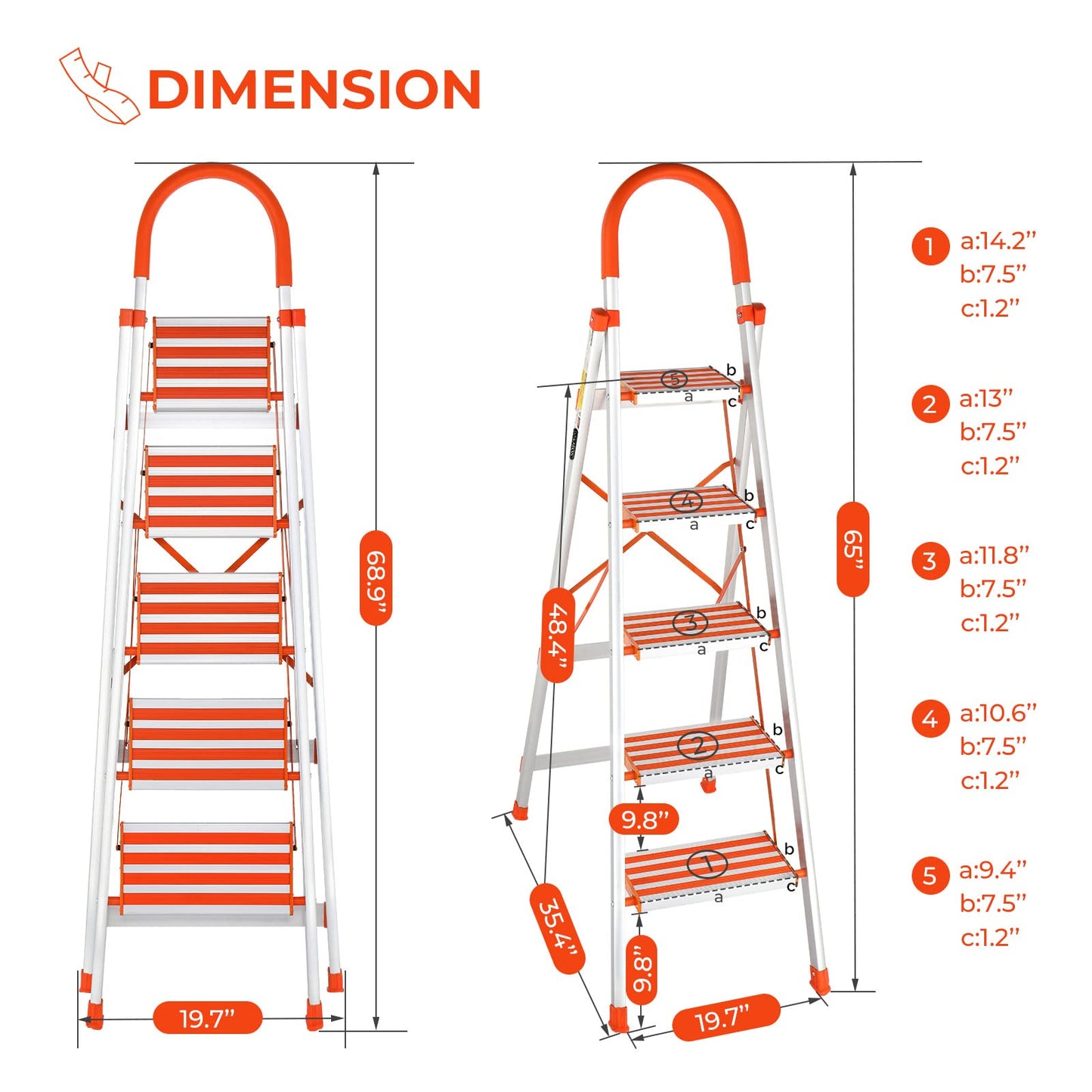 LUISLADDERS Step Ladder 5 Step Lightweight Folding Step Ladder Aluminum Step Stool with Widened Anti-Slip Strip Pedal Convenient Handgrip 350lbs EN131, Multi-use for Household and Office