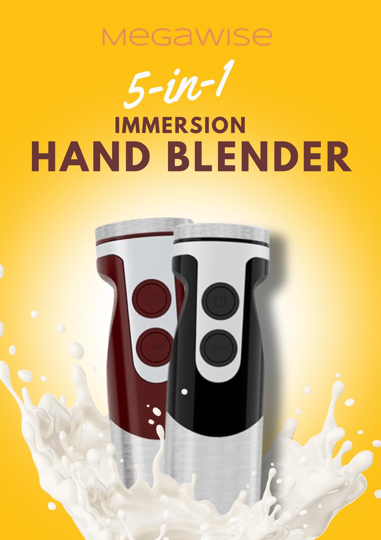 MegaWise Pro Titanium Reinforced 3-in-1 Immersion Corded Hand Blender, Powerful MOTOR with 80% Sharper Blades, 12-Speed Corded Blender, IncludingWhisk and Milk Frother (3-in 1 Red)