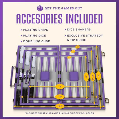 Get The Games Out Backgammon Set Classic Board Game Case 2 Players Includes Strategy &amp Tip Guide Perfect for Parties and Family Game Nights -Small Purple