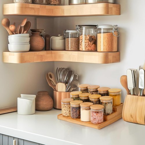ComSaf Bamboo Spice Rack - 3-Tier Organizer with 12 Glass Jars & Labels for Kitchen Pantry