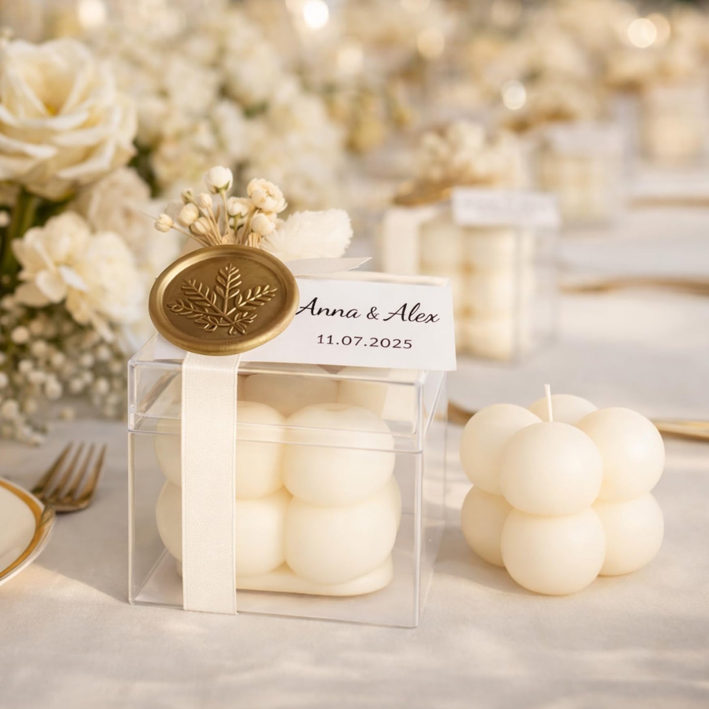Personalized Bubble Candle Favors with Dried Flowers & Wax Seal – Soy Wax Wedding & Bridal, Baby Shower Bulk Event Gifts (10–200 pcs)