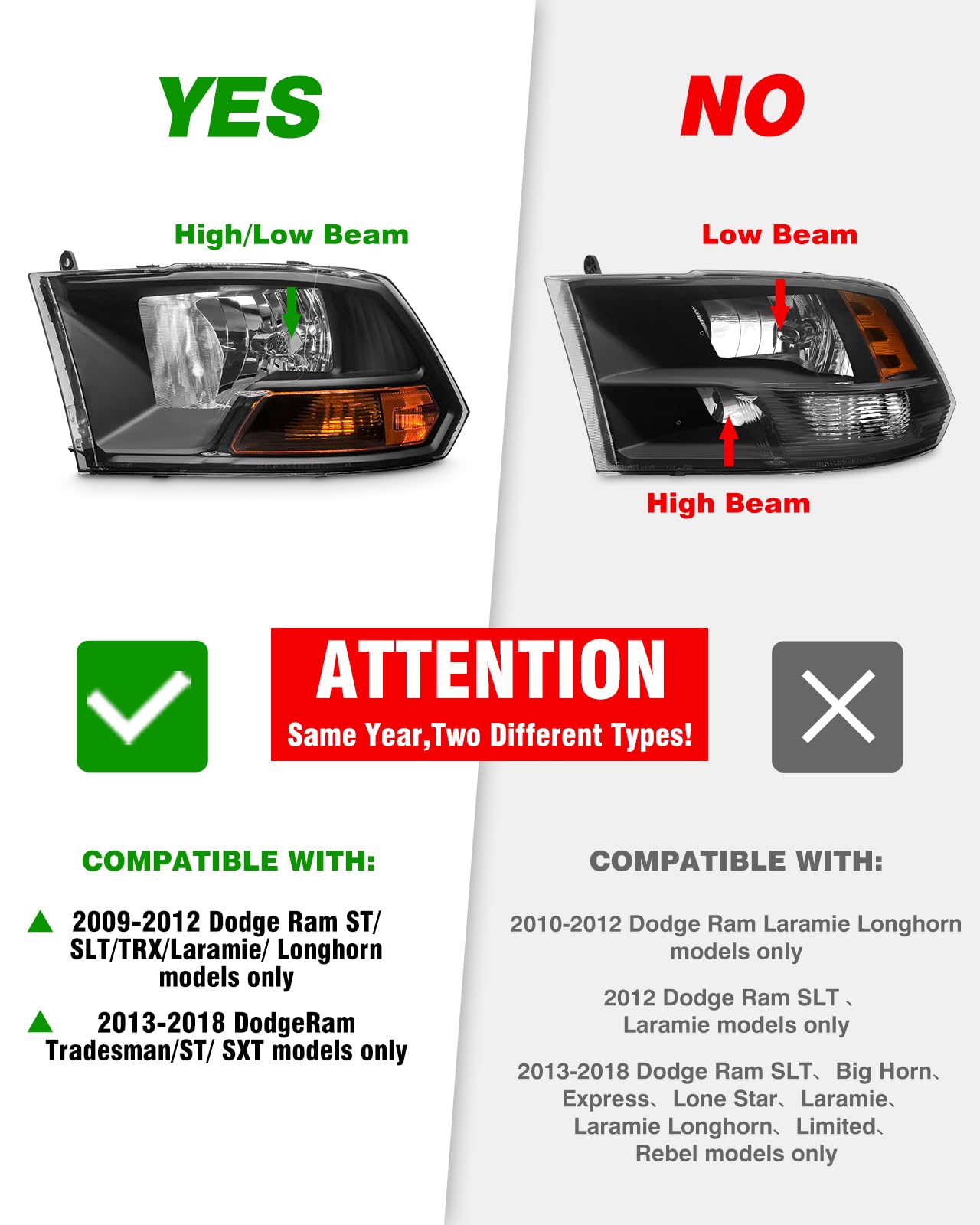 ADCARLIGHTS For 2009-2012 Dodge Ram 1500 2500 3500 Pickup Dual Cab Trims Headlights Black Housing Amber Reflector Driver and Passenger Side(Not fit Quad Models) Pair（W/O Bulbs）